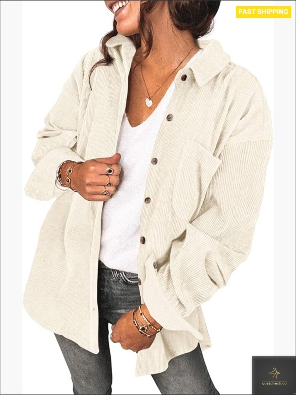 Oversized Corduroy Button Up Shacket Jacket Long Sleeve Casual Blouse Top